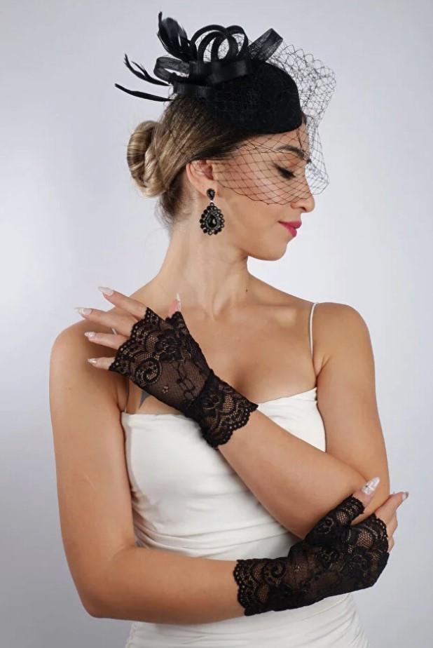 Black Fingerless Lace Bridal Gloves Wedding Accessory Fascinator Hat Set