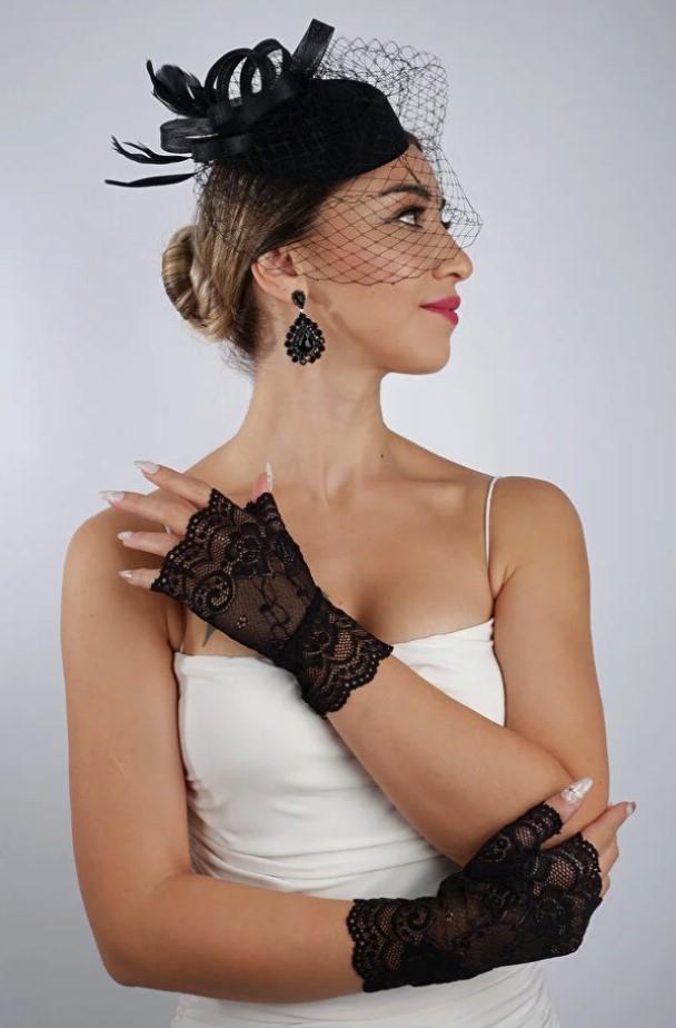 Black Fingerless Lace Bridal Gloves Wedding Accessory Fascinator Hat Set
