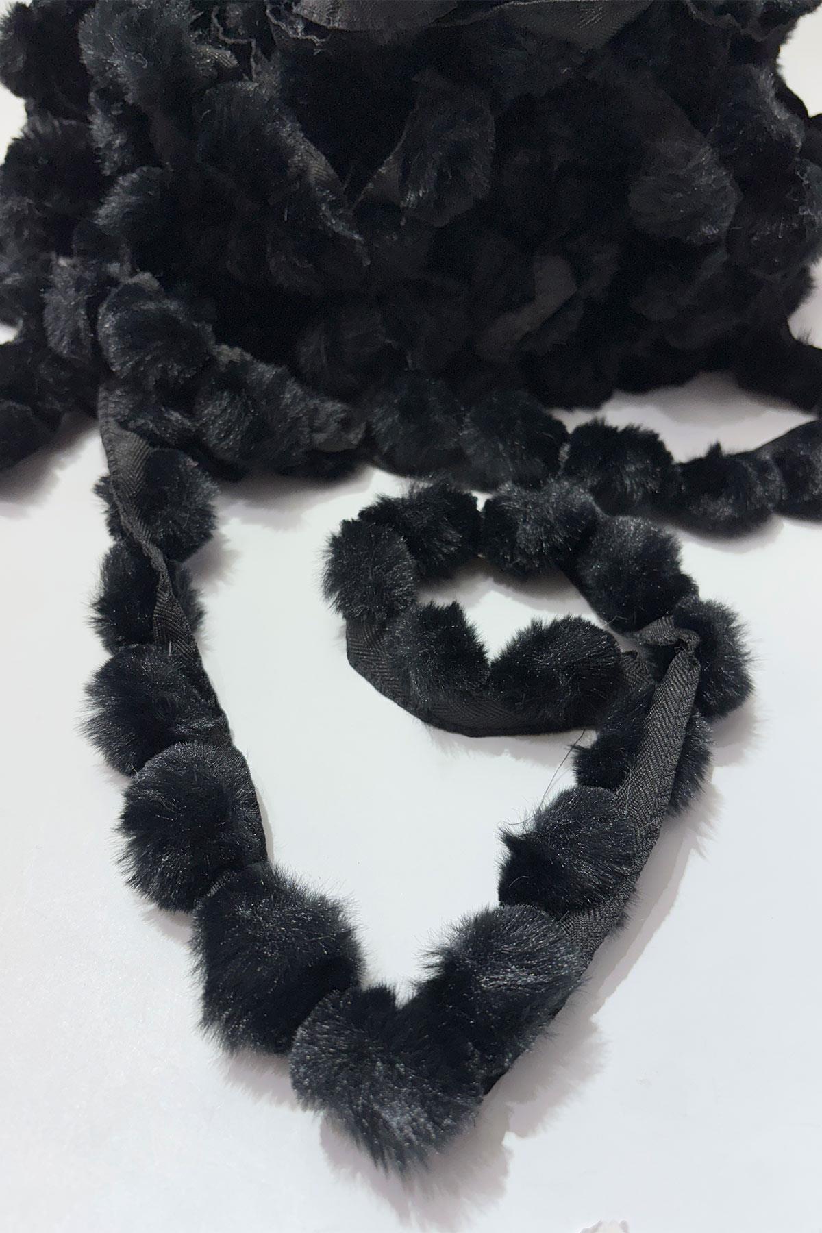 Black Plush Ribbon Pom-Pom, Rabbit Tail Pom-Pom, Plush Pom-Pom 1 meter