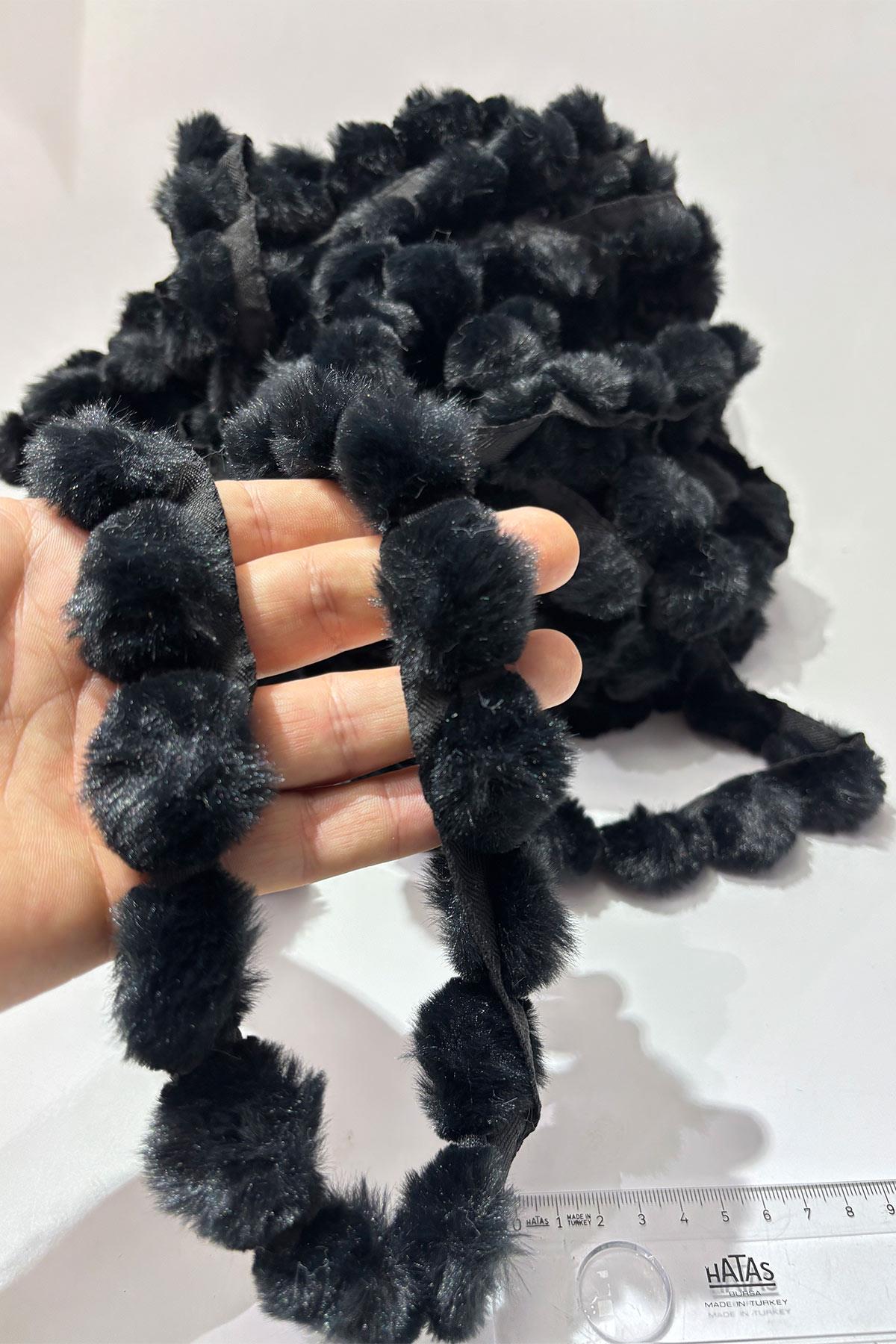 Black Plush Ribbon Pom-Pom, Rabbit Tail Pom-Pom, Plush Pom-Pom 1 meter