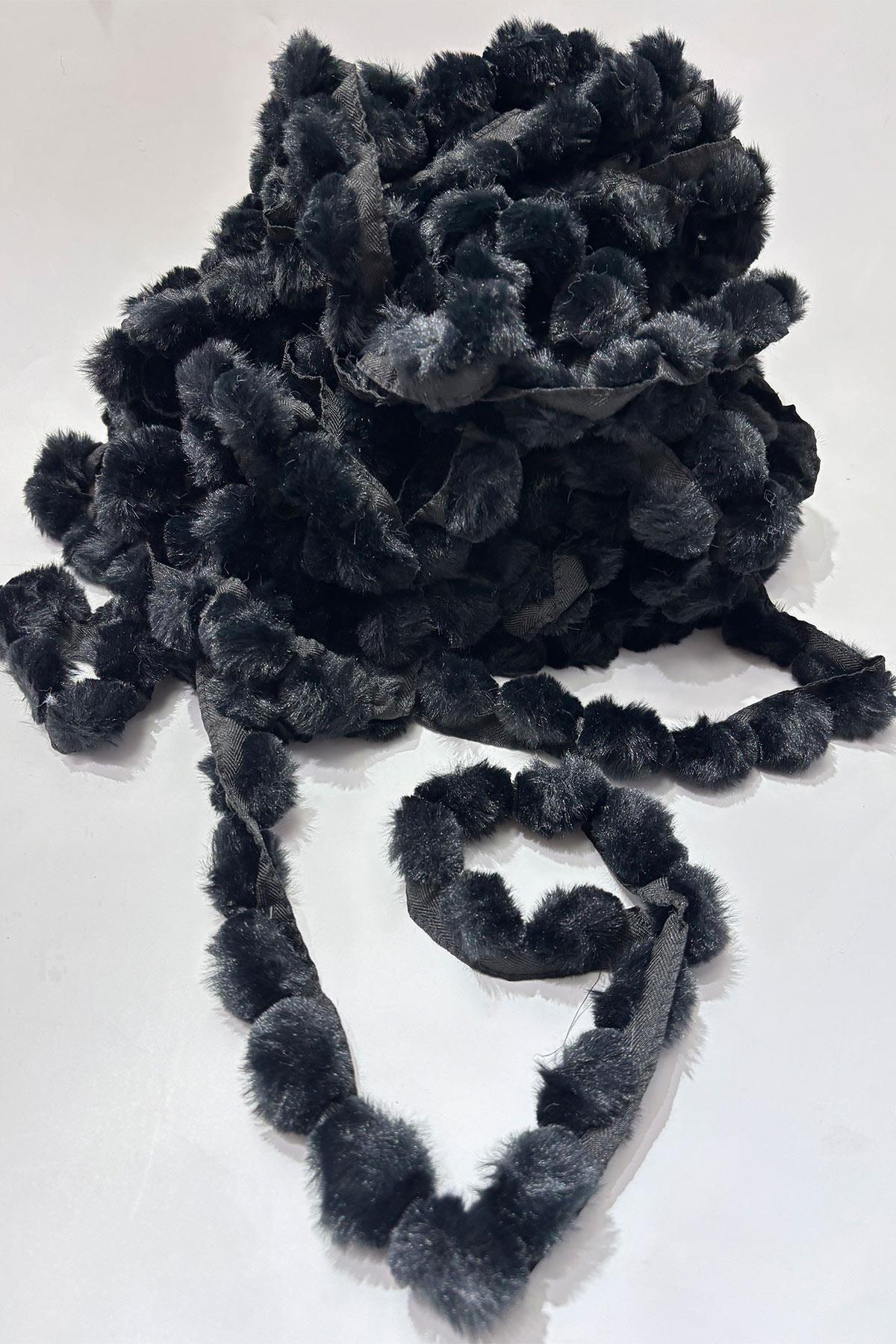 Black Plush Ribbon Pom-Pom, Rabbit Tail Pom-Pom, Plush Pom-Pom 1 meter