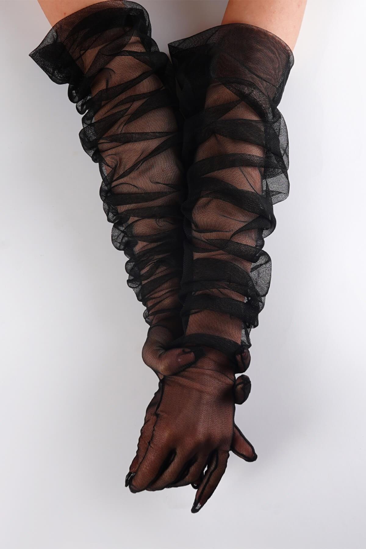 Toptan Siyah Sade Düz Dirsek Boy Gelin Eldiveni