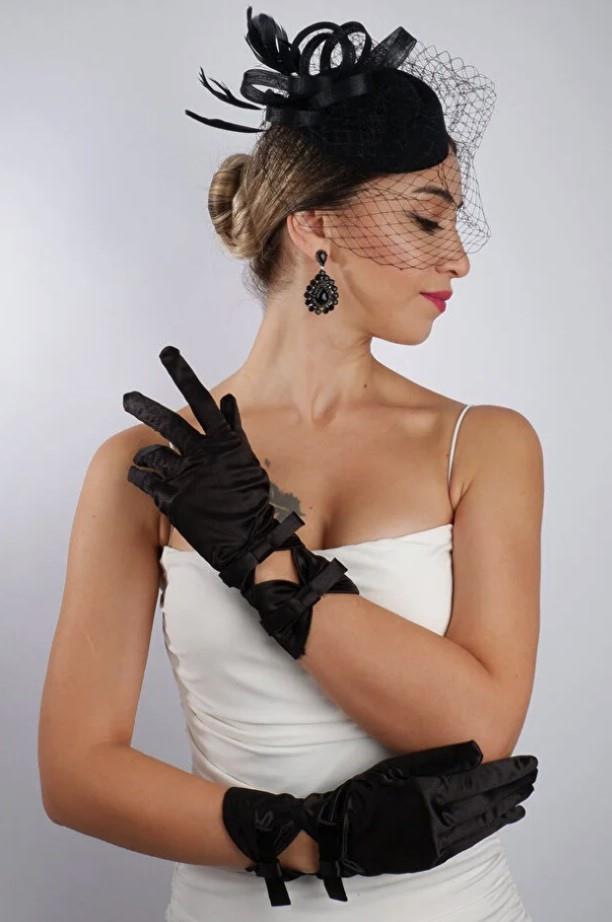 Siyah Saten Çift Fiyonklu Gelin Eldiveni Düğün Nikah Aksesuarı Fascinator Şapka Seti