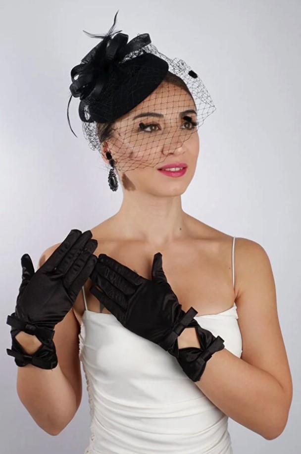 Siyah Saten Fiyonklu Gelin Eldiveni Düğün Nikah Aksesuarı Fascinator Şapka Seti