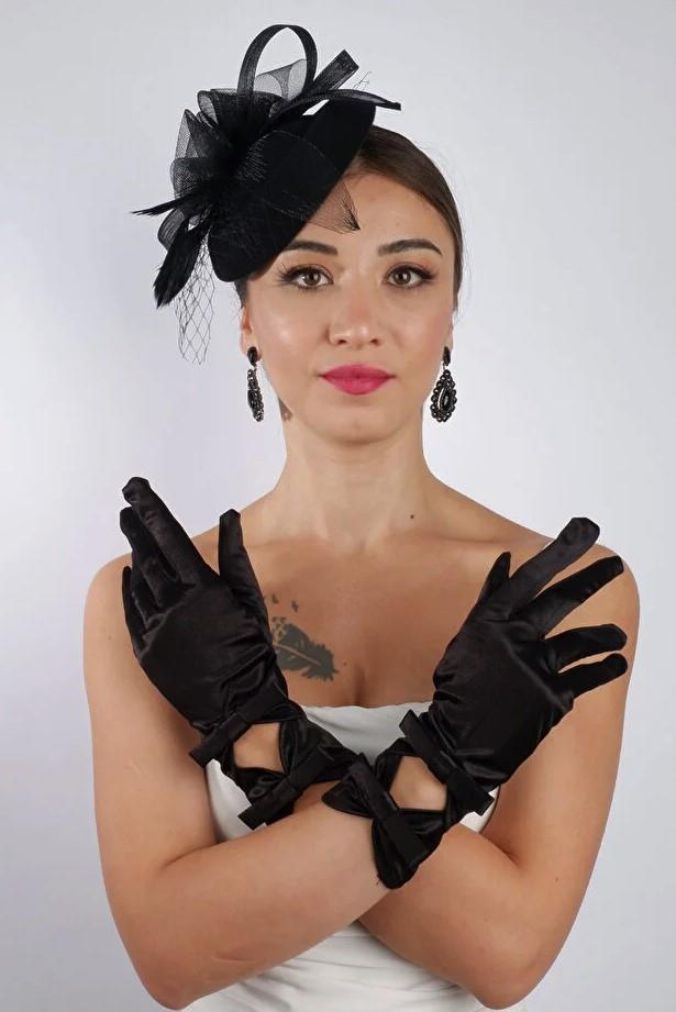 Black Satin Short Lace Bridal Gloves Wedding Accessory Fascinator Hat Set