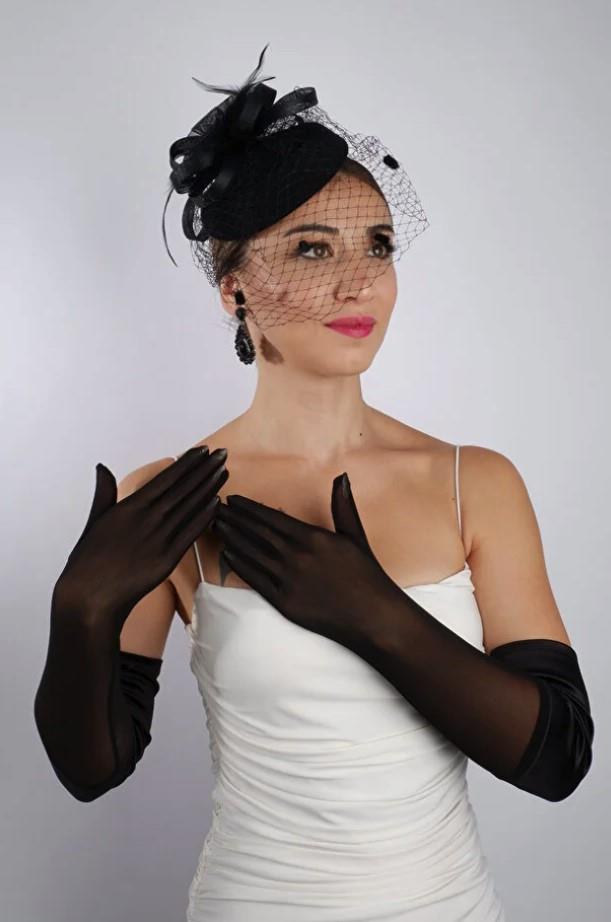 Black Satin Tulle Bridal Gloves and Wedding Fascinator Hat Set