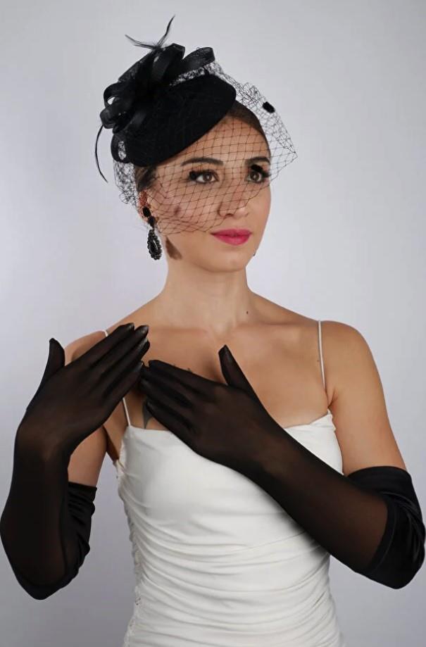Black Satin Tulle Bridal Gloves and Wedding Fascinator Hat Set