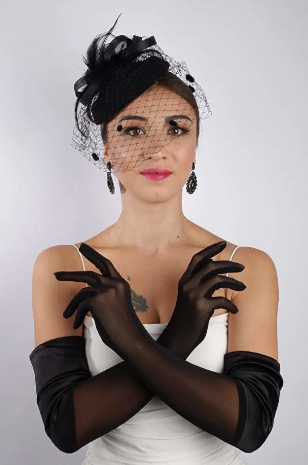Black Satin Tulle Bridal Gloves and Wedding Fascinator Hat Set