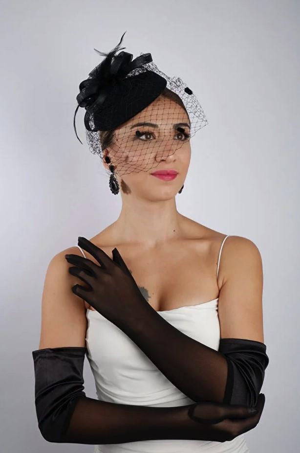 Black Satin Tulle Bridal Gloves and Wedding Fascinator Hat Set