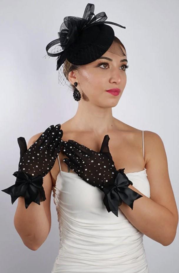 Black Tulle Embellished Evening Gloves and Feathered Fascinator Hat Set