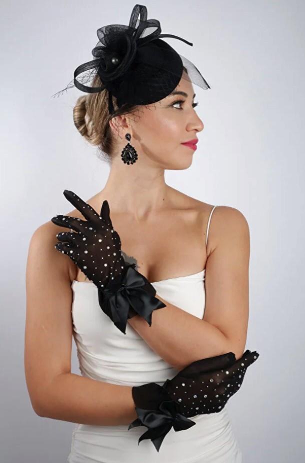 Black Tulle Embellished Evening Gloves and Feathered Fascinator Hat Set