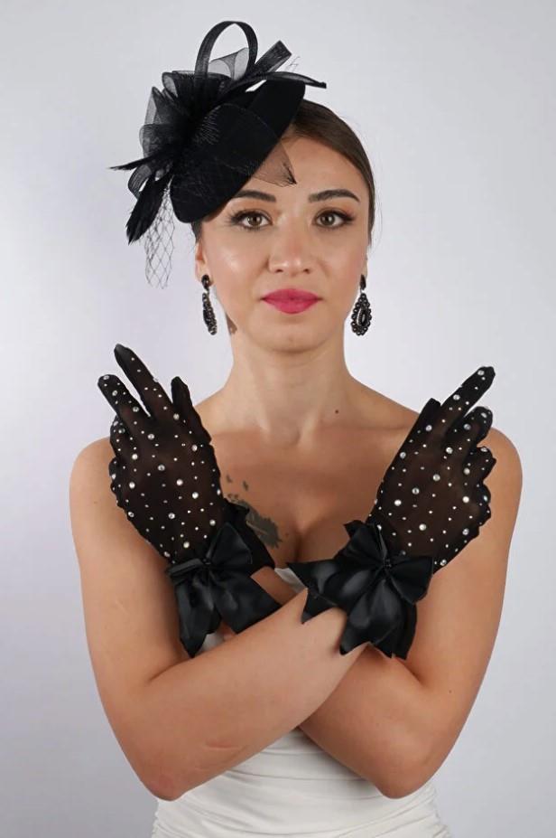Black Tulle Embellished Evening Gloves and Feathered Fascinator Hat Set