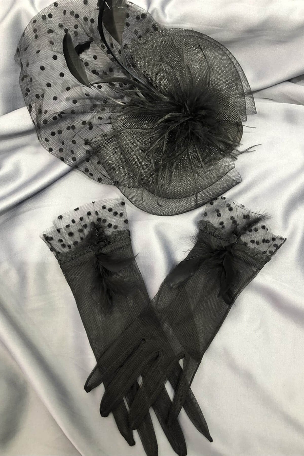 Black Feathered Gloves- Polka Dot Voile Wedding Hat Face Veils