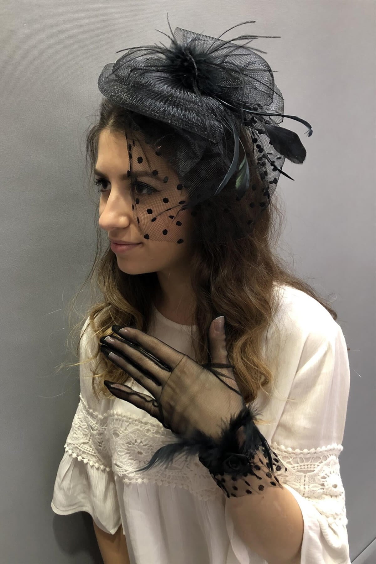 Black Feathered Gloves- Polka Dot Voile Wedding Hat Face Veils
