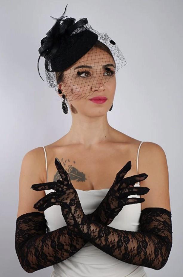 Siyah Uzun Dantelli Fiyonklu Gelin Eldiveni Düğün Nikah Fascinator Şapka Seti