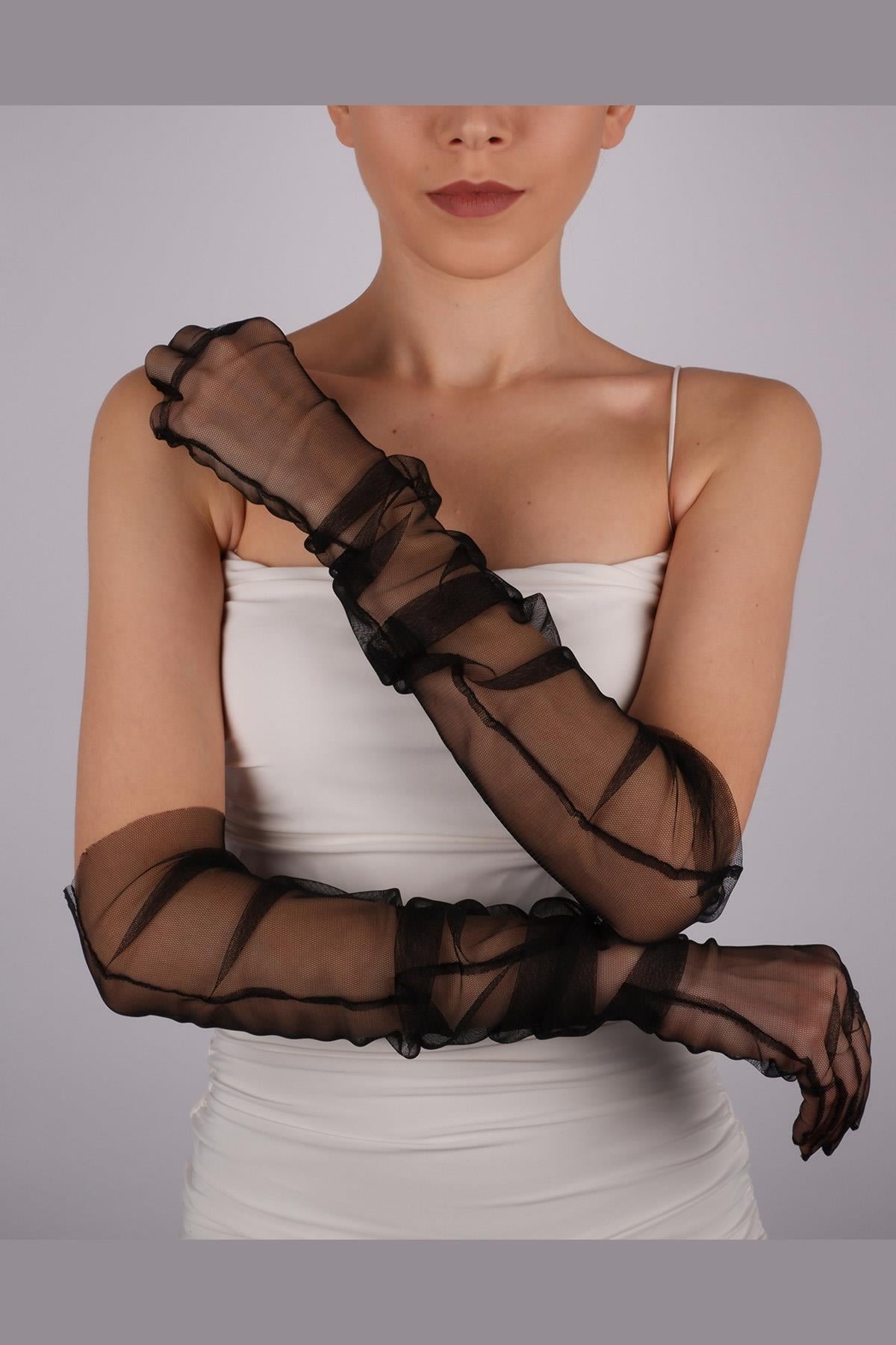 Toptan Siyah Uzun Şık Gelin Eldiveni Tül Eldiven Nikah/Düğün/Parti/Kostüm Eldiveni