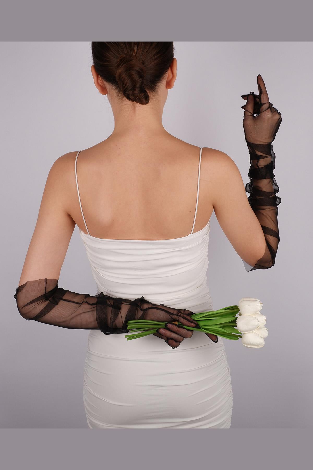 Toptan Siyah Uzun Şık Gelin Eldiveni Tül Eldiven Nikah/Düğün/Parti/Kostüm Eldiveni