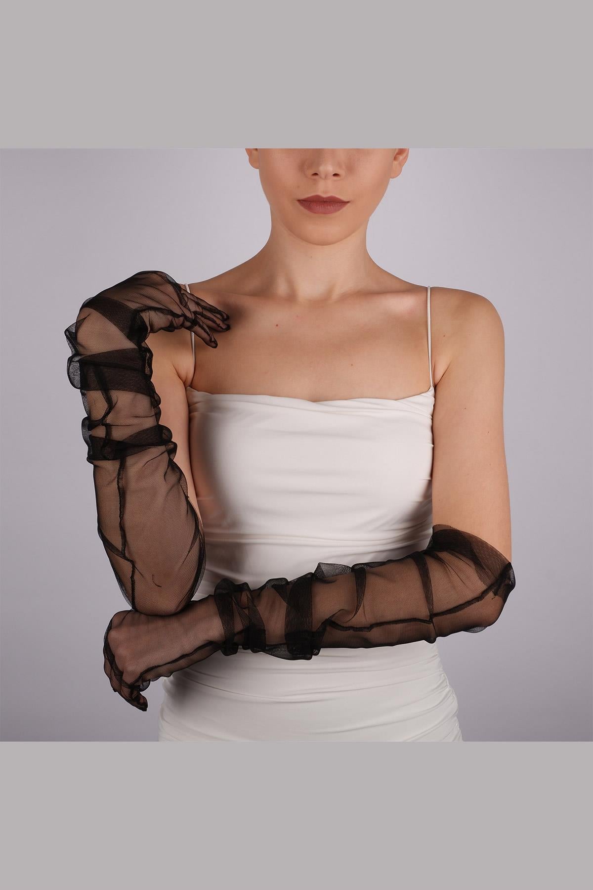 Toptan Siyah Uzun Şık Gelin Eldiveni Tül Eldiven Nikah/Düğün/Parti/Kostüm Eldiveni