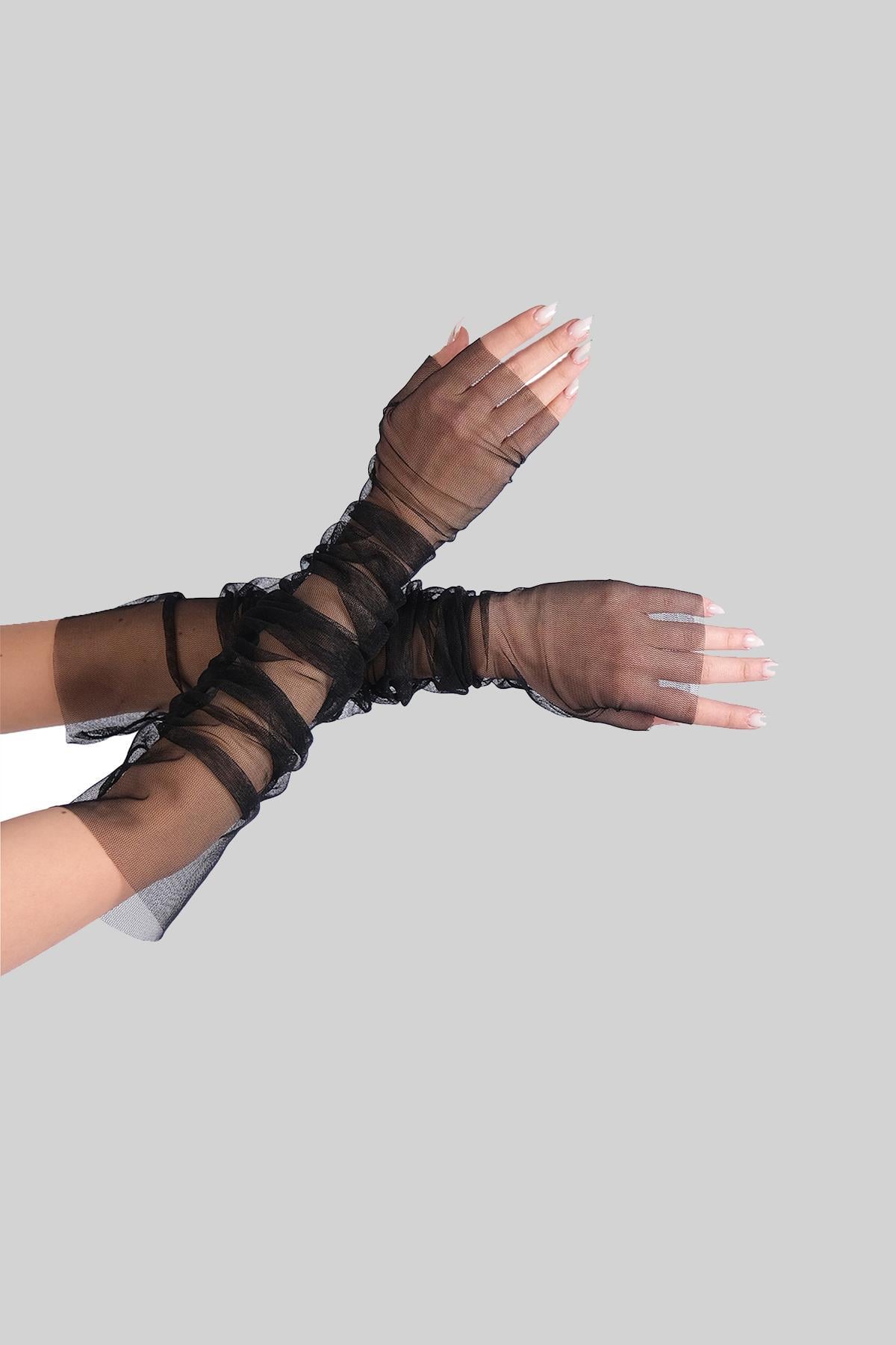 Wholesale Black Long Tulle Gloves Fingerless Evening Dress Gloves Costume Accessory