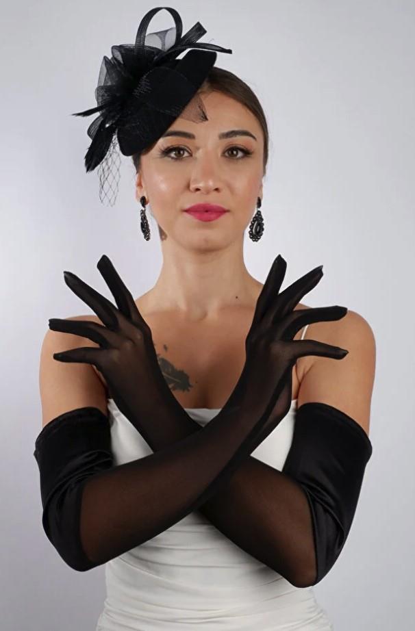 Siyah Yarı Saten Tül Gelin Eldiveni ve Düğün Nikah Fascinator Şapka Seti
