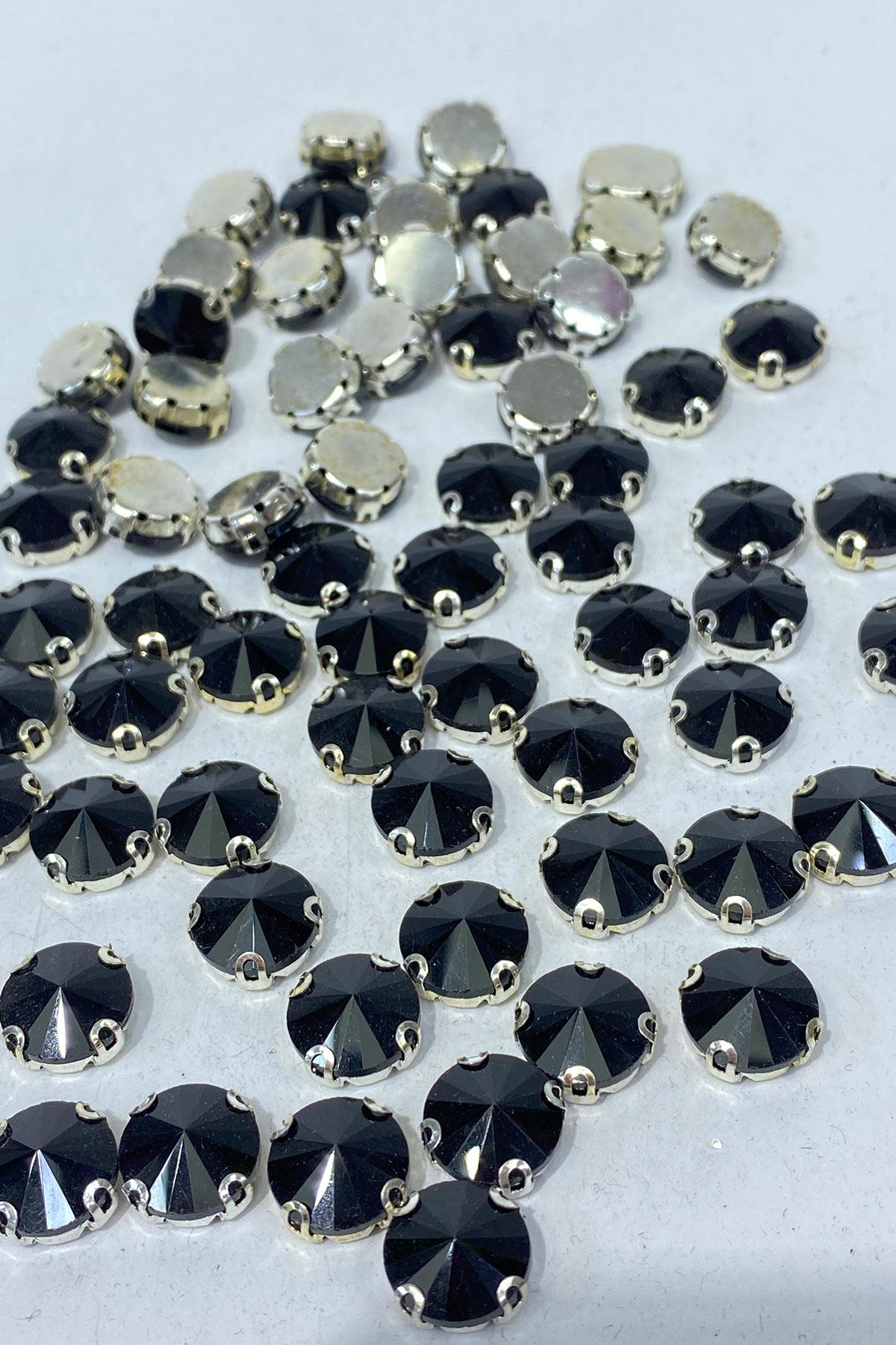 Siyah Yuvarlak Kasalı Dikme Cam Taş Kristal Boncuk 10 Adet