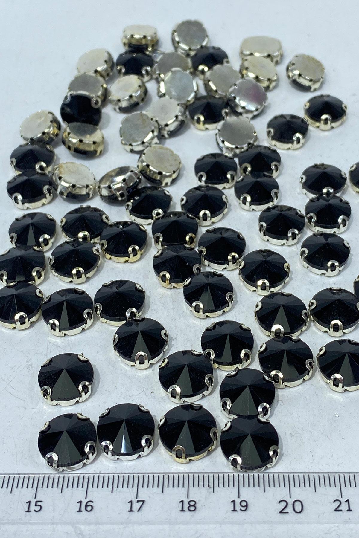 Siyah Yuvarlak Kasalı Dikme Cam Taş Kristal Boncuk 10 Adet