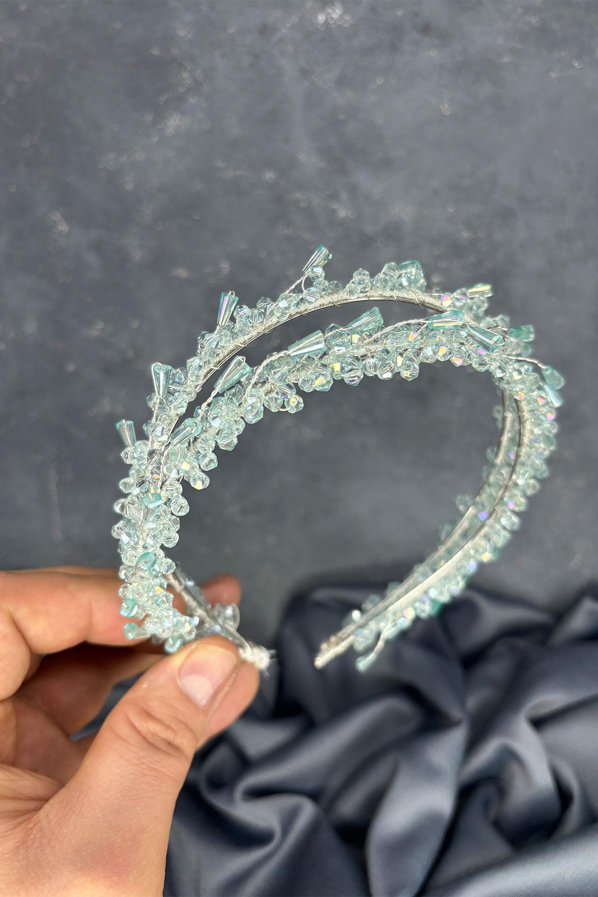 Aqua Green Saree Model Double Row Bridal Henna Crown Hair Accessory