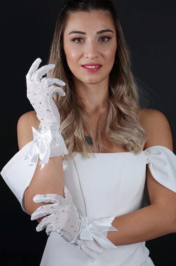 Taşlı Tül Fiyonklu Kısa Gelin Eldiveni Nikah Aksesuarı