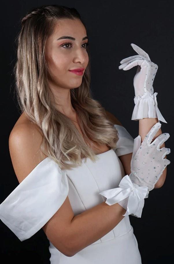 Taşlı Tül Fiyonklu Kısa Gelin Eldiveni Nikah Aksesuarı