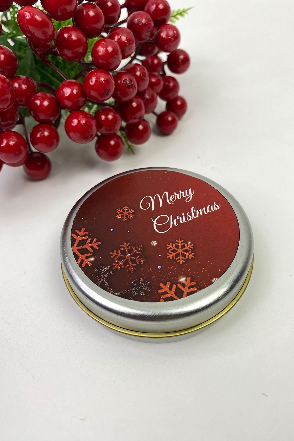 Teneke Kutu Gümüş Yuvarlak Kırmızı Merry Christmas Baskılı