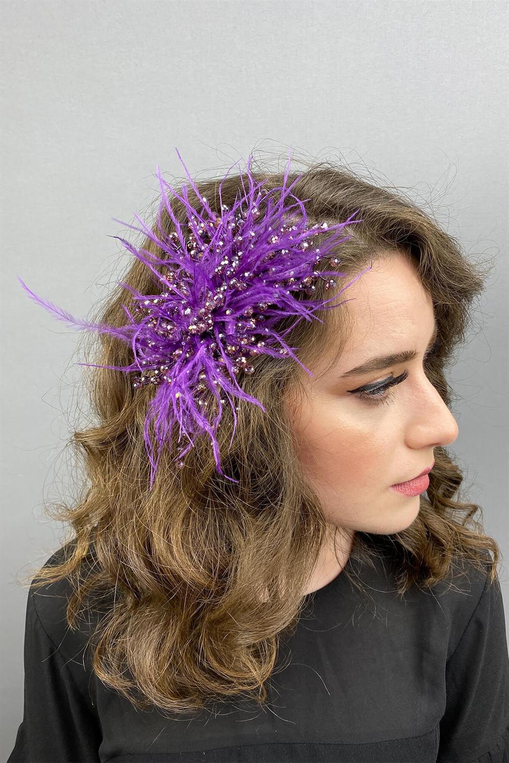 Toptan Açık Mor Kristal Boncuklu ve Tüylü Saç Tokası