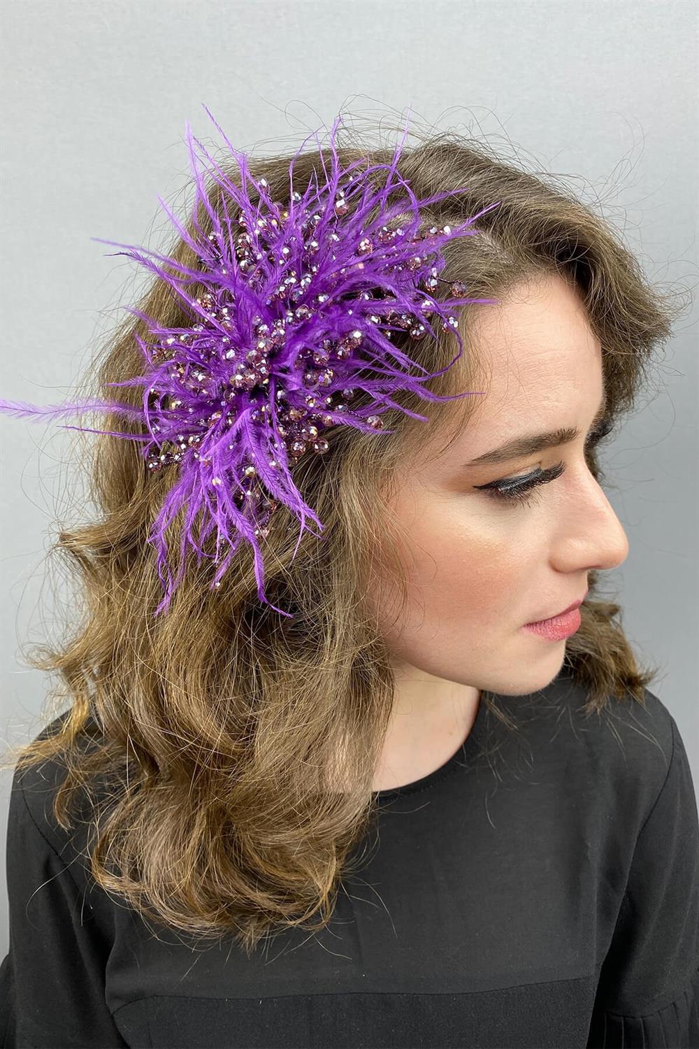 Toptan Açık Mor Kristal Boncuklu ve Tüylü Saç Tokası