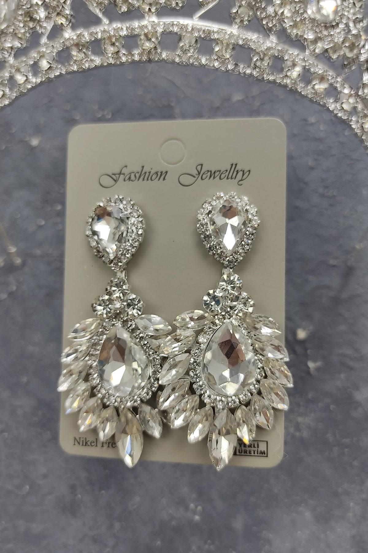 Wholesale Ahu Model Bridal Crown and Drop Shuttle Stone Earrings