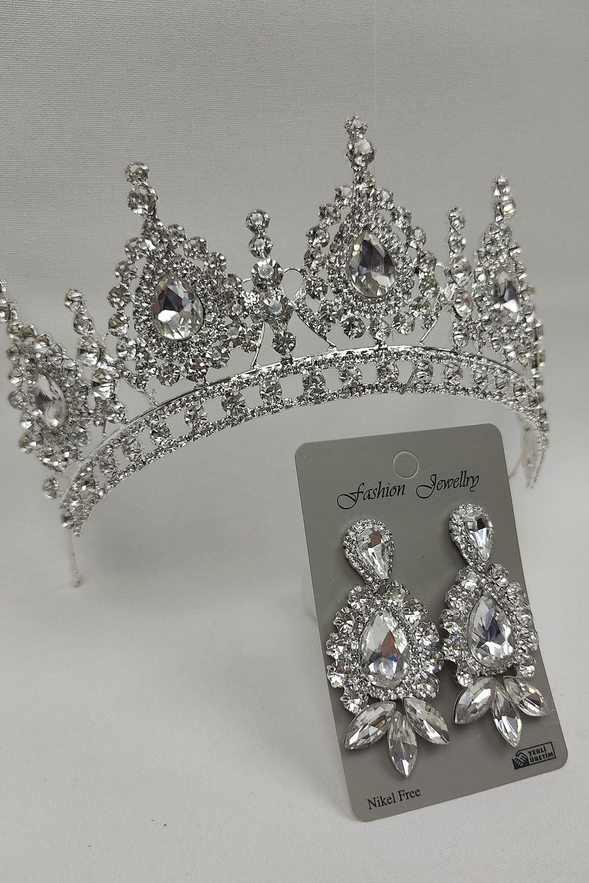 Wholesale Ahu Model Bridal Crown and Shuttle Drop Stone Earrings