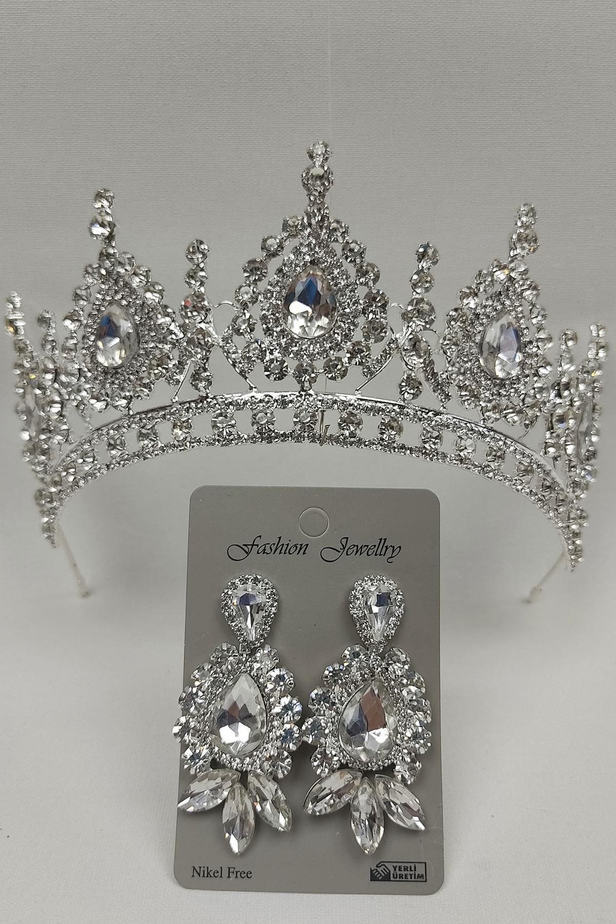 Wholesale Ahu Model Bridal Crown and Shuttle Drop Stone Earrings