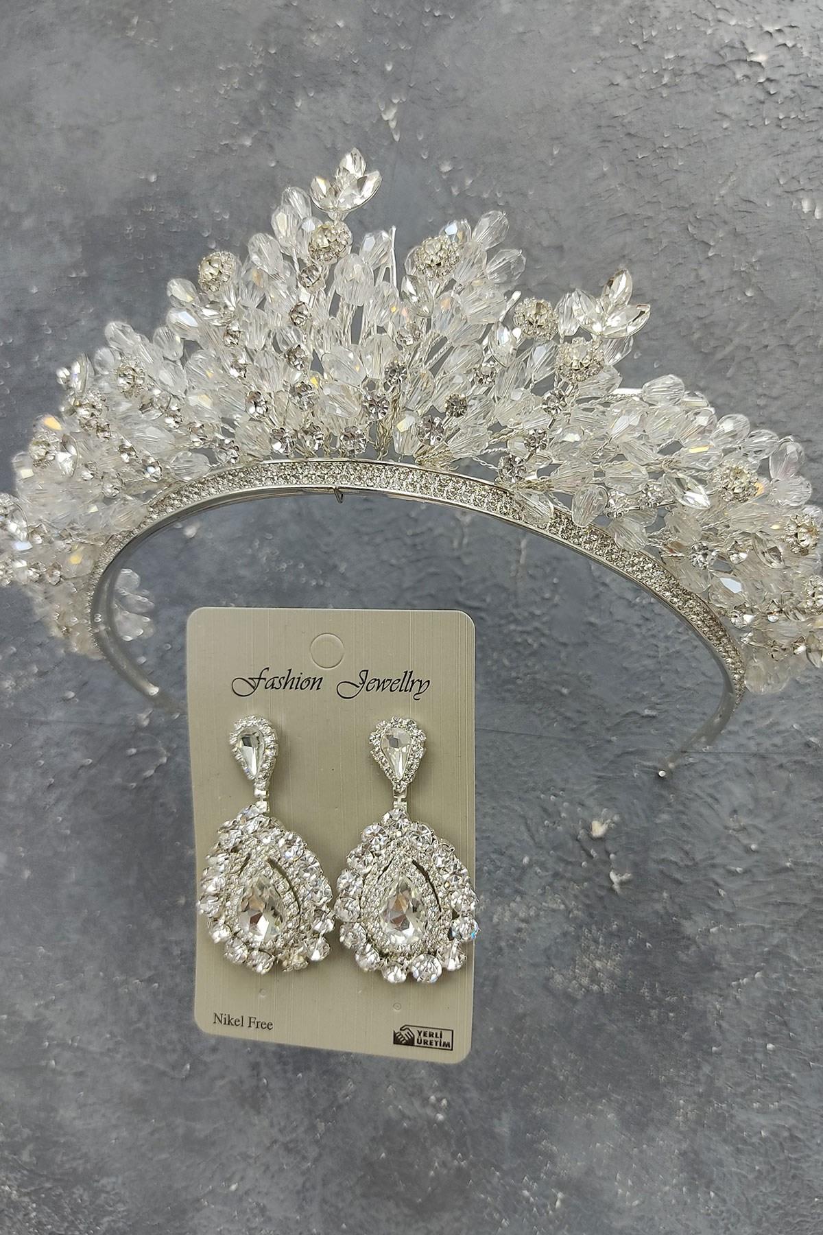 Toptan Akbahar Model Gelin Tacı Ve Damla Taşlı Küpe