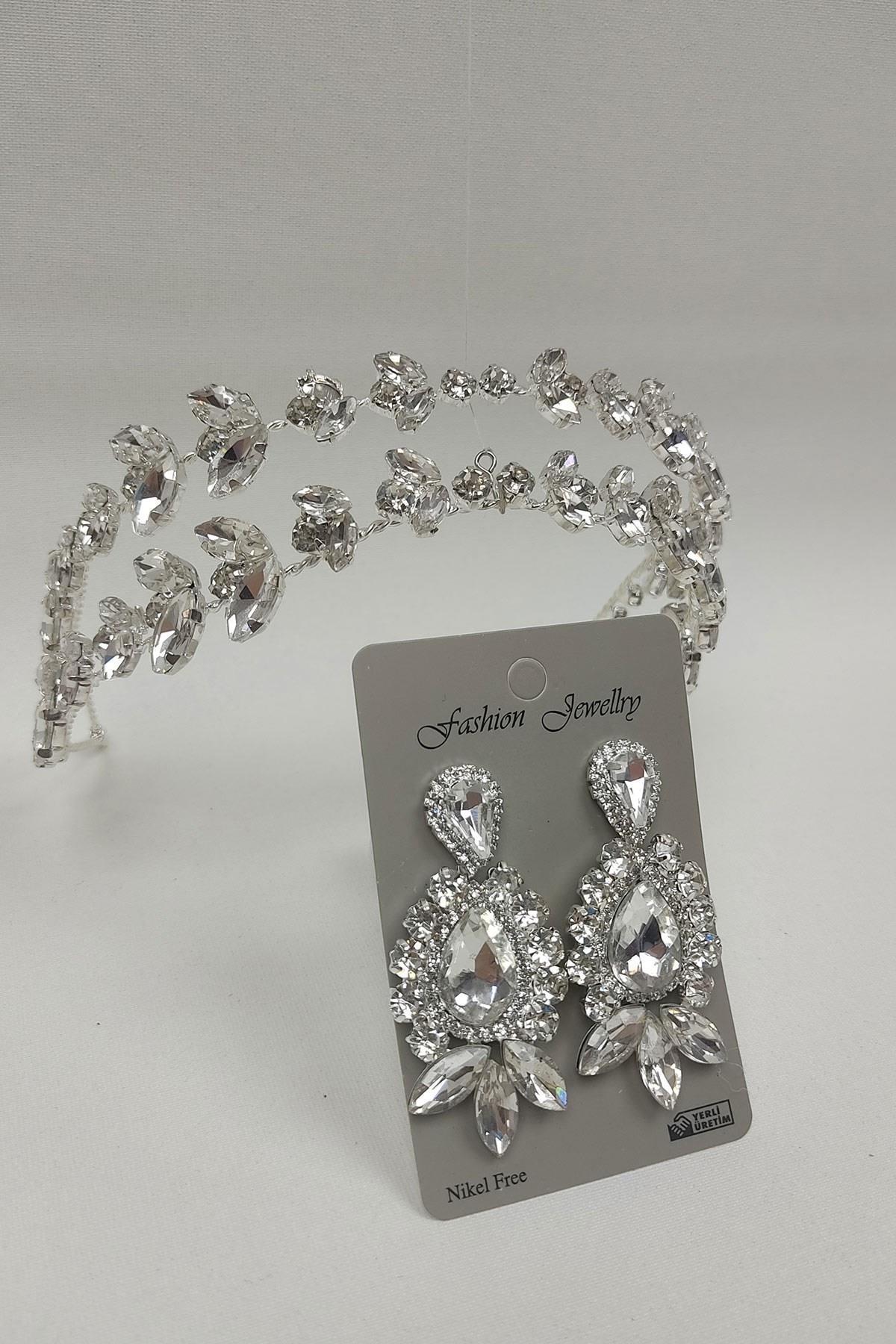 Toptan Alfa Model Gelin Tacı Ve Mekik Damla Taşlı Küpe