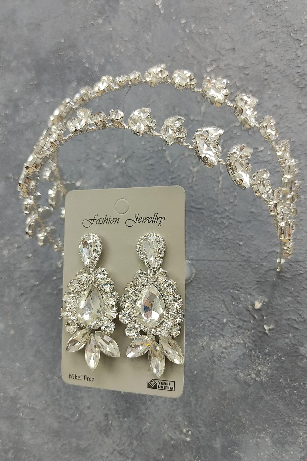 Toptan Alfa Model Gelin Tacı Ve Mekik Damla Taşlı Küpe