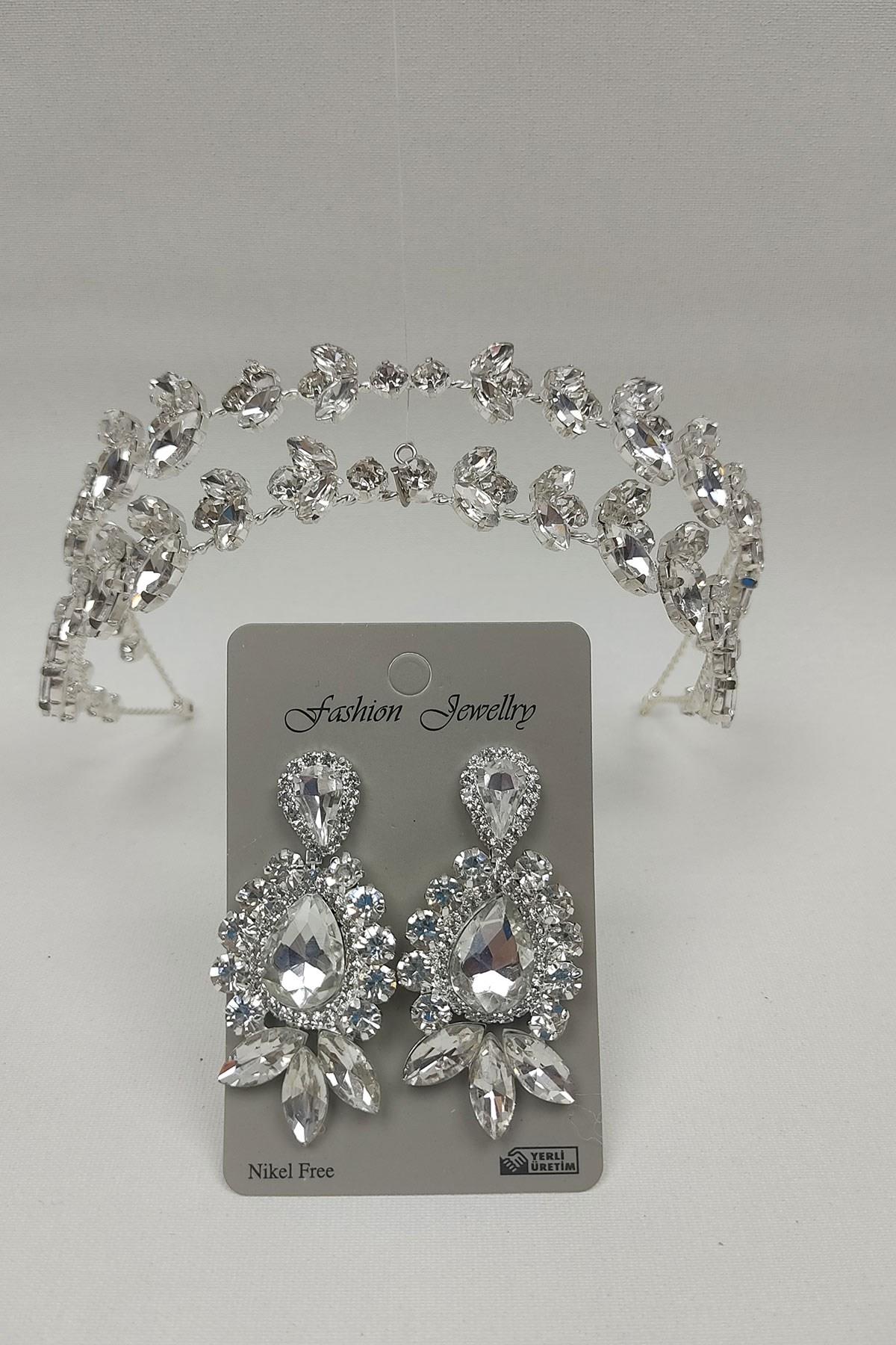 Toptan Alfa Model Gelin Tacı Ve Mekik Damla Taşlı Küpe