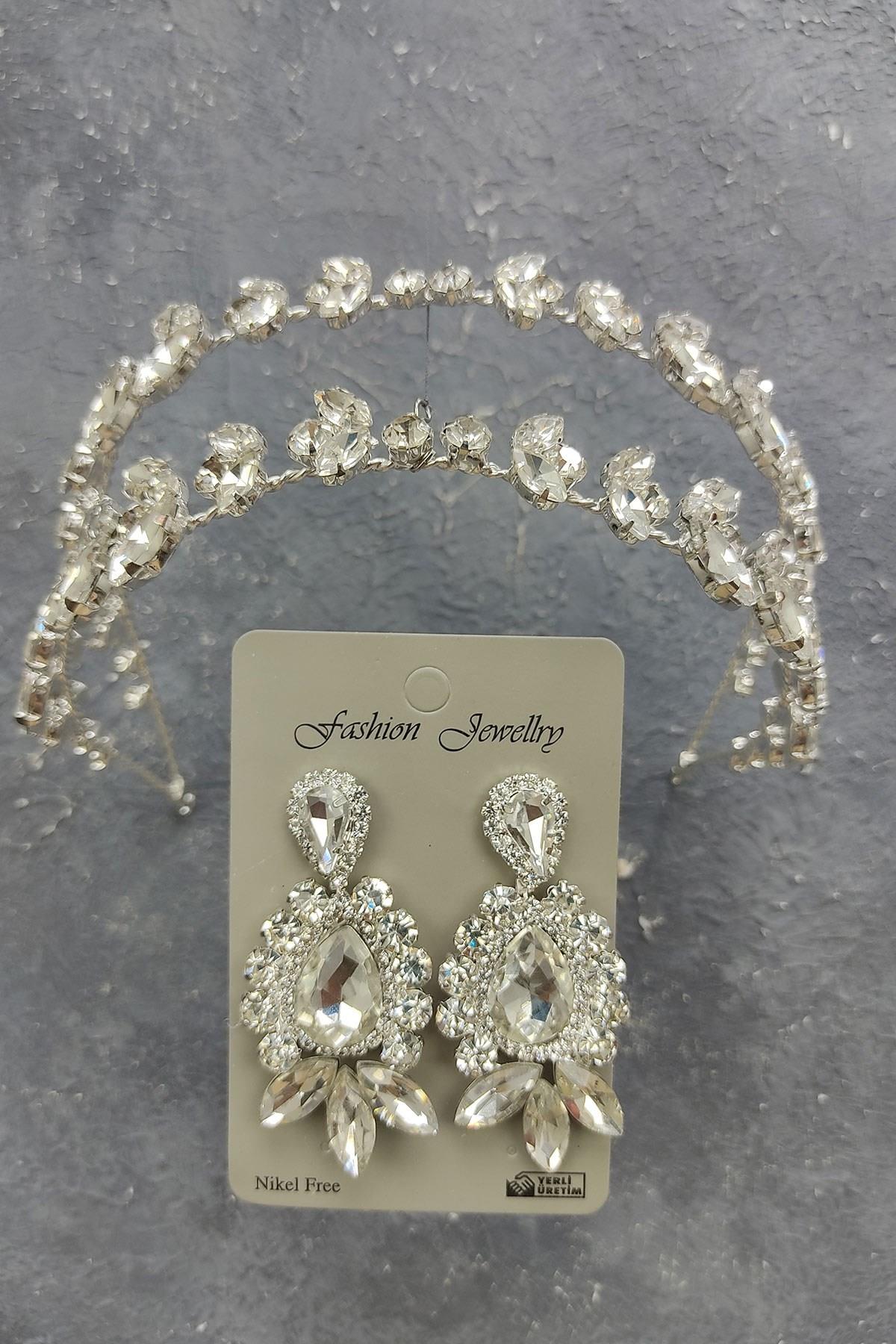 Toptan Alfa Model Gelin Tacı Ve Mekik Damla Taşlı Küpe