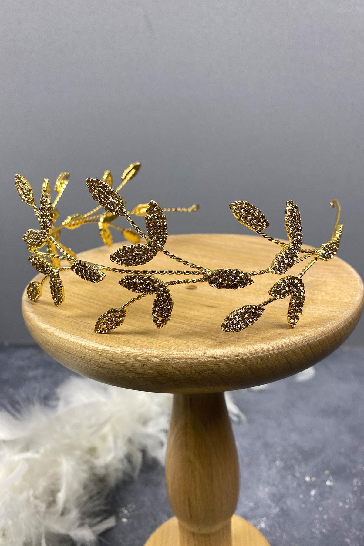 Wholesale Honey Color Leaf Branched Yena Design Bridal Crown Hair Accessory