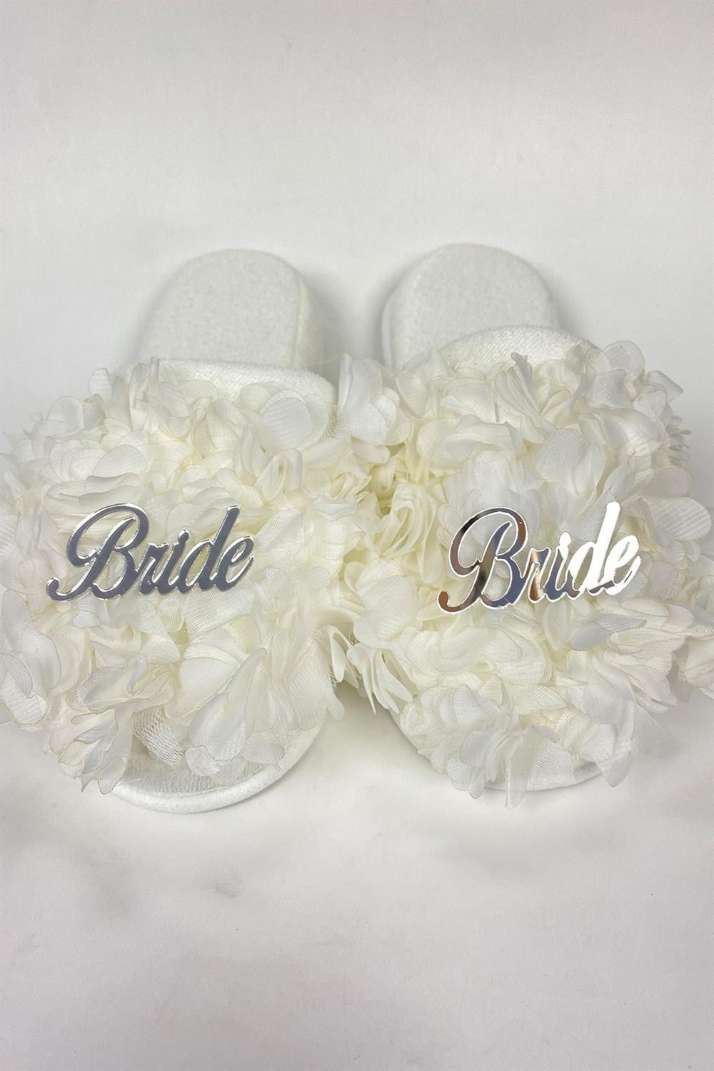 Toptan Beyaz Bride Yazılı Çiçekli Süslü Gelin Terliği