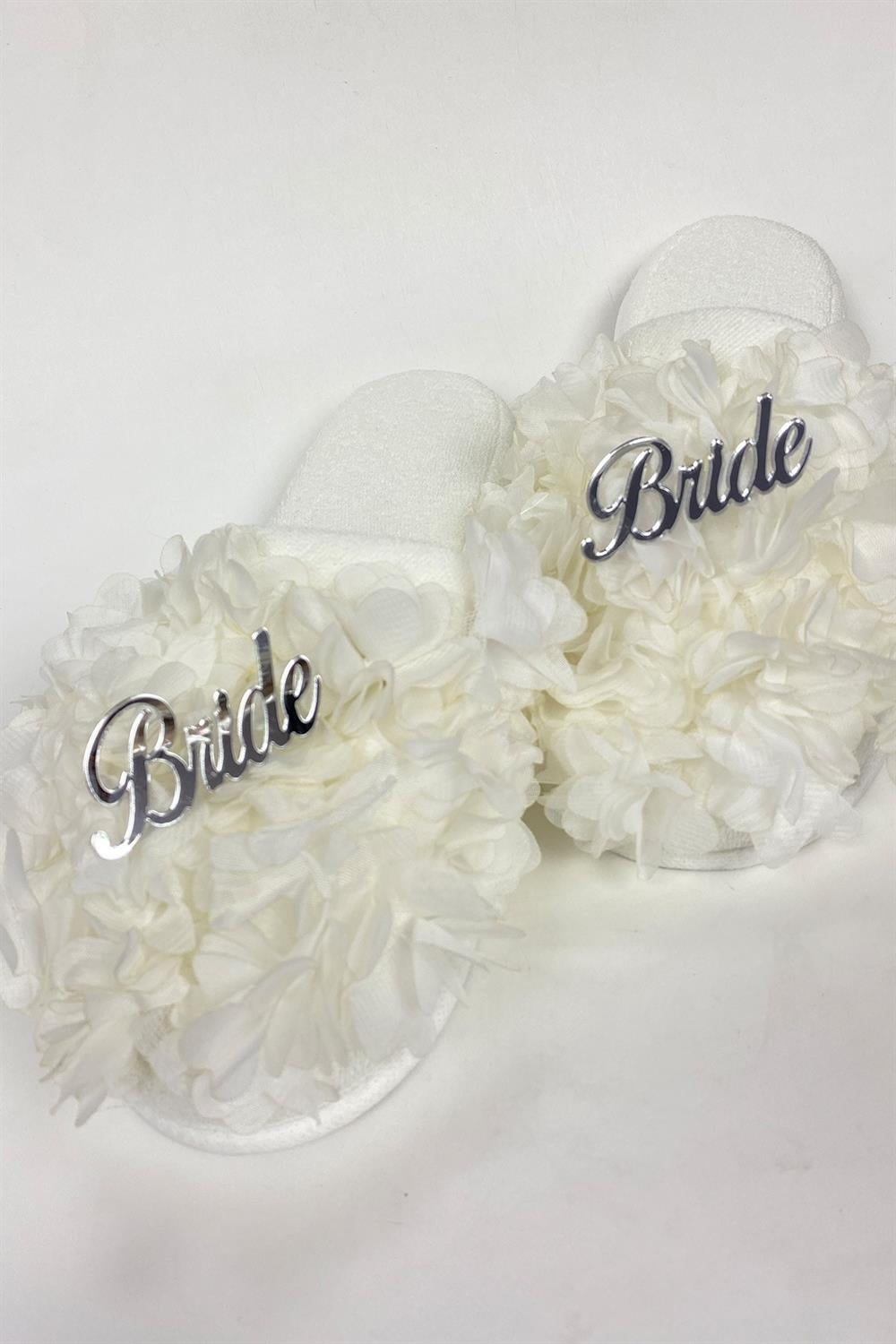 Toptan Beyaz Bride Yazılı Çiçekli Süslü Gelin Terliği
