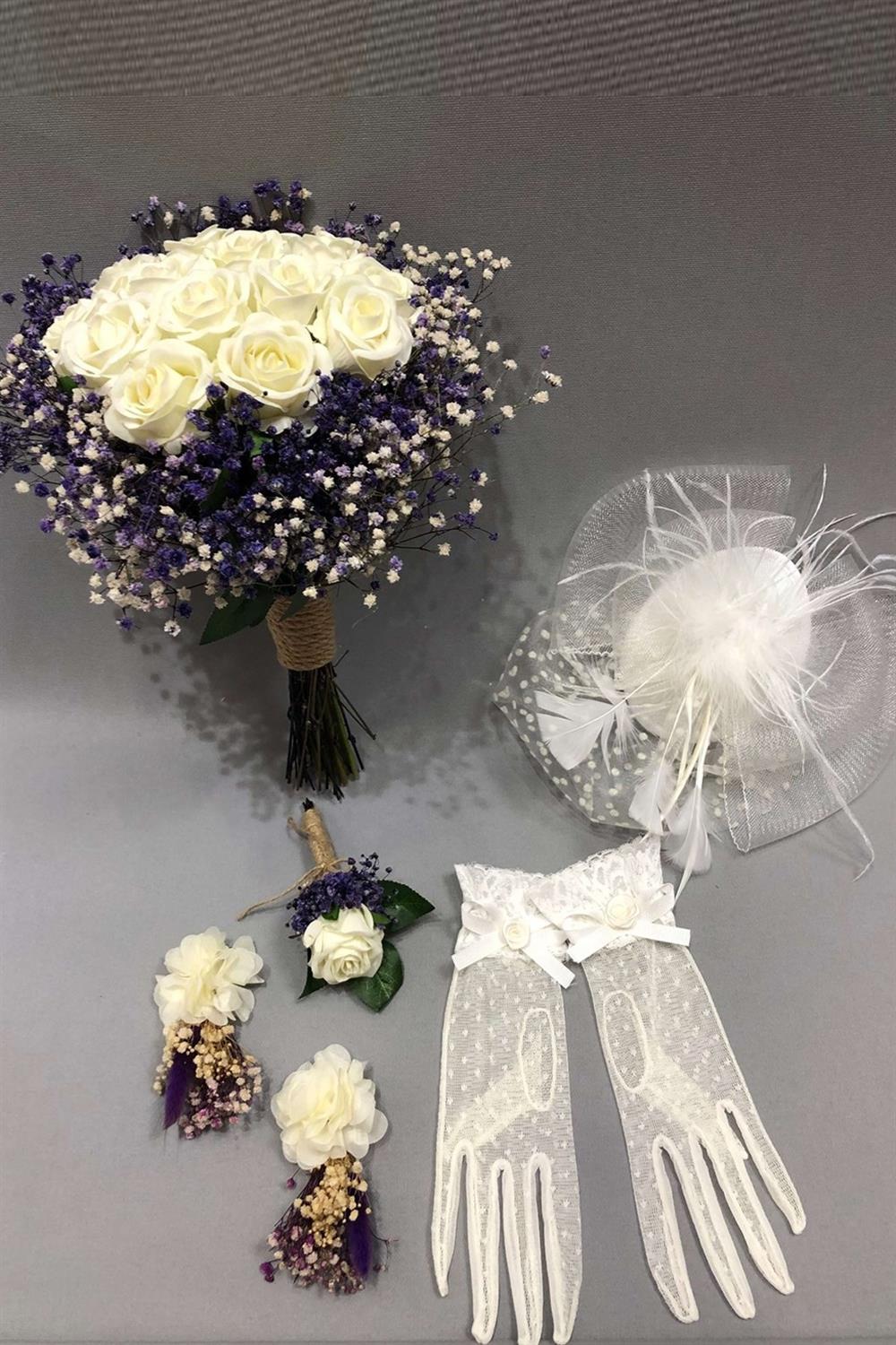 Wholesale Round Bridal Bouquet Set with White Velvet Roses and Purple Chipsol