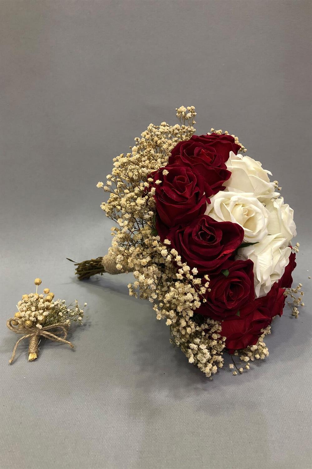 Toptan Beyaz ve Kırmızı Güllü Cipsolu Gelin Buketi