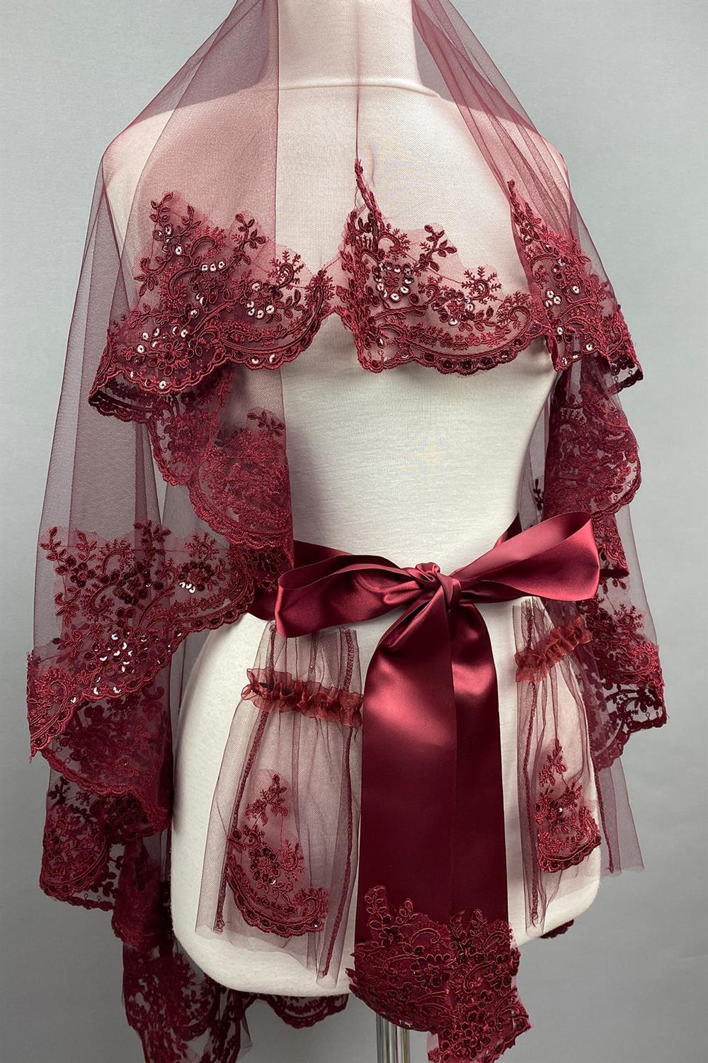 Wholesale Burgundy Alice Sequin Bridal Veil Henna Face Veil