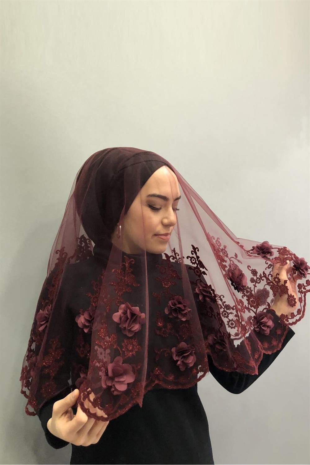 الجملة الحجاب الزفاف الأزهار بورجوندي الحناء الحجاب الوجه