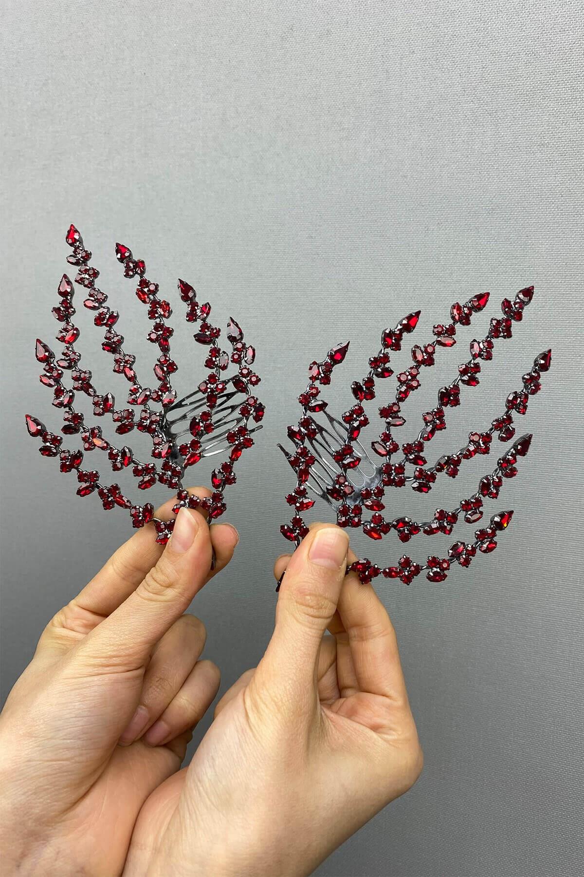 Toptan Bordo Çift Taraflı Yaprak Desenli Saç Aksesuarı Kına Tacı