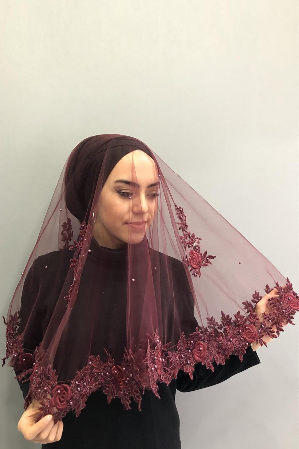 الجملة الدانتيل بورجوندي الحجاب الزفاف الحناء الحجاب الوجه