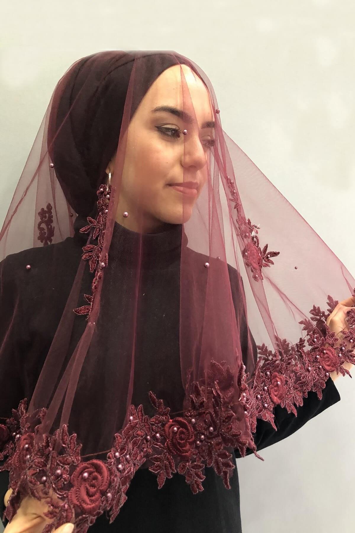 الجملة الدانتيل بورجوندي الحجاب الزفاف الحناء الحجاب الوجه